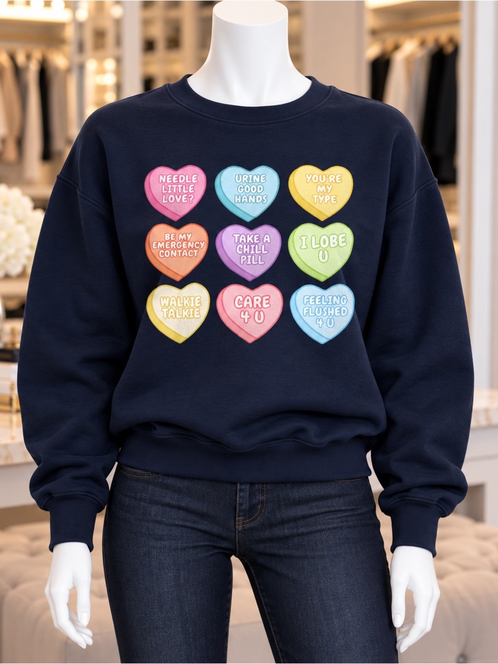 Nurse Conversation Hearts Navy Graphic Sweatshirt Size Large NWOT